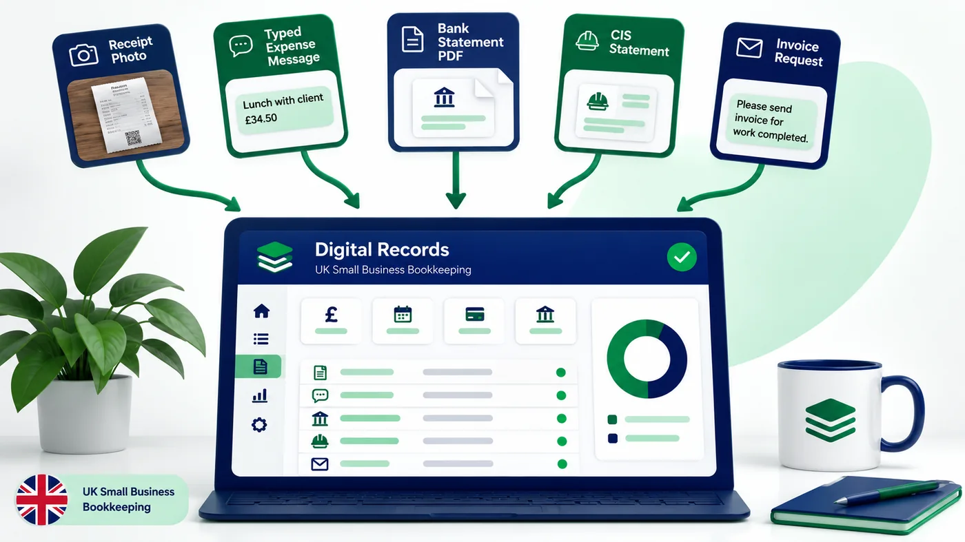 Receipt photos, typed expenses, bank statements, CIS statements and invoice requests all flow into digital records